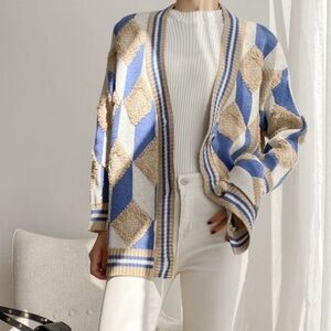 Korean Fashion Oversized Tan Diamond Blue Striped Open Front Cardigan OS